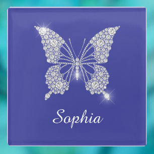 White Diamond Butterfly, Script Name, Deep Blue Glass Coaster