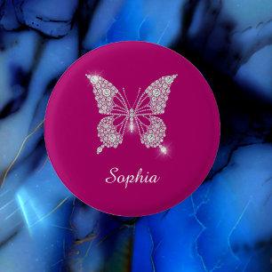 White Diamond Butterfly, Script Name, Deep Fuchsia 1 Inch Round Button
