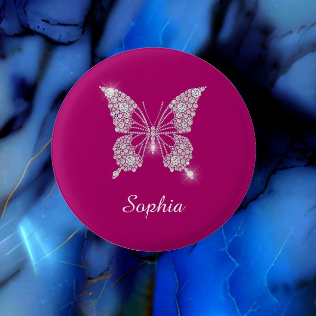 White Diamond Butterfly, Script Name, Deep Fuchsia 1 Inch Round Button (Creator Uploaded)