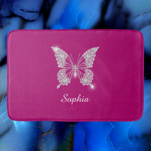 White Diamond Butterfly, Script Name, Deep Fuchsia Bath Mat