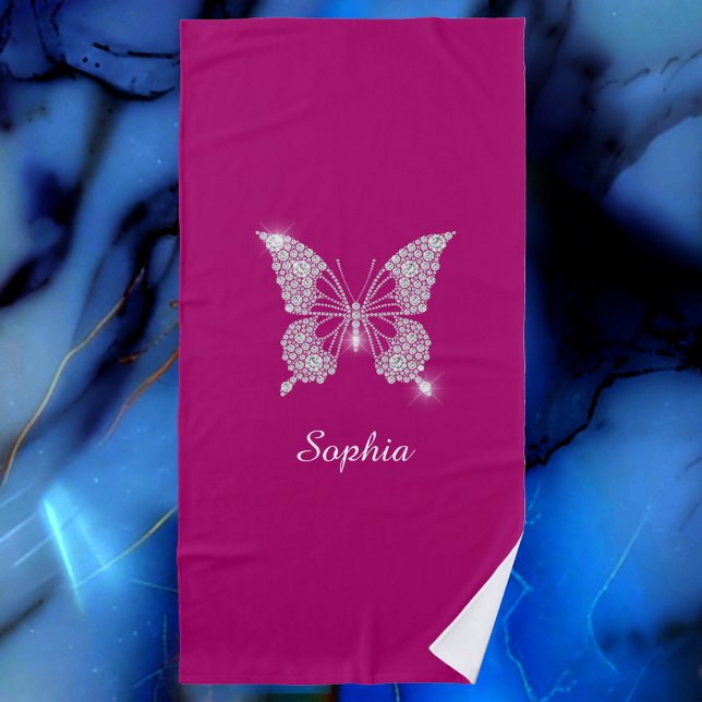White Diamond Butterfly, Script Name, Deep Fuchsia Beach Towel (Creator Uploaded)