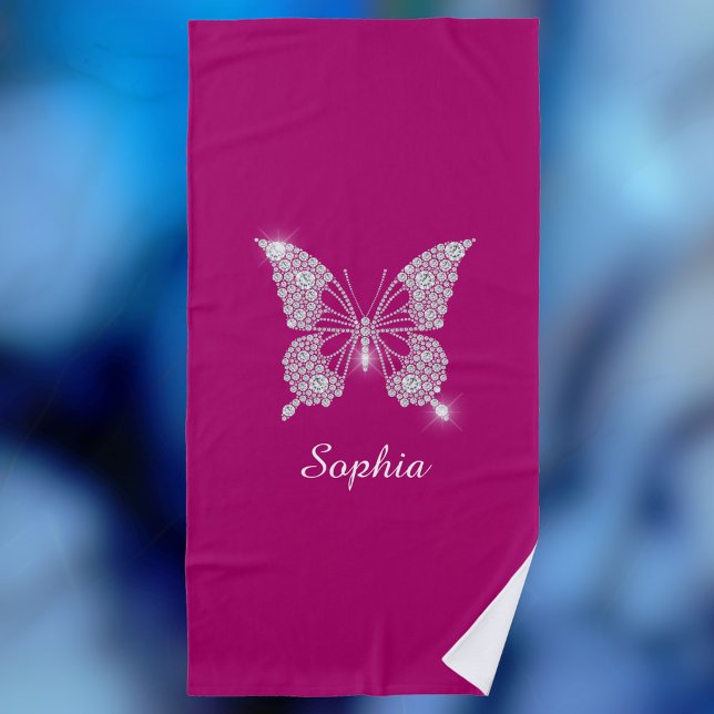 White Diamond Butterfly, Script Name, Deep Fuchsia Beach Towel (Creator Uploaded)