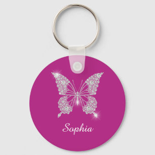 White Diamond Butterfly, Script Name, Deep Fuchsia Keychain