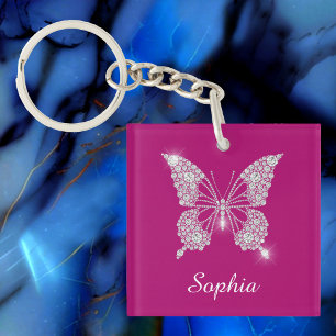 White Diamond Butterfly, Script Name, Deep Fuchsia Keychain