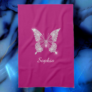 White Diamond Butterfly, Script Name, Deep Fuchsia Kitchen Towel