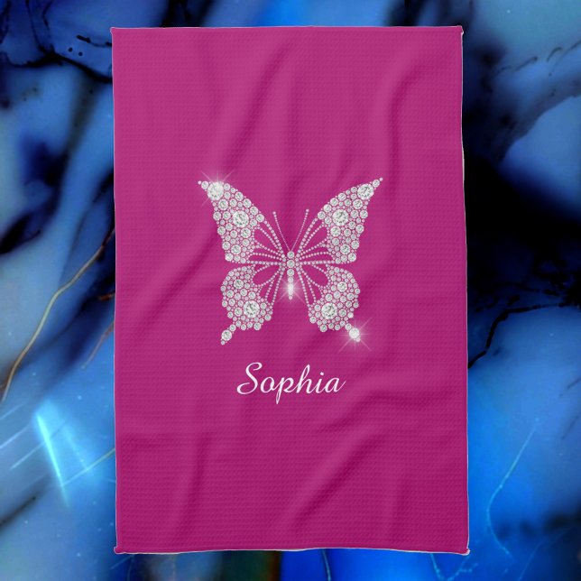 White Diamond Butterfly, Script Name, Deep Fuchsia Kitchen Towel (Creator Uploaded)