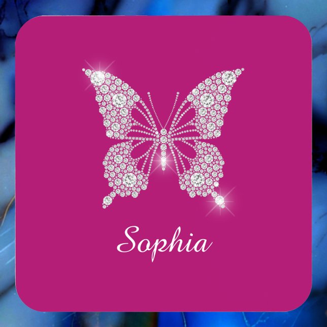 White Diamond Butterfly, Script Name, Deep Fuchsia Square Paper Coaster (Creator Uploaded)
