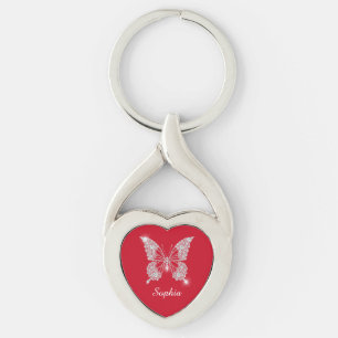 White Diamond Butterfly, Script Name, Deep Red Keychain