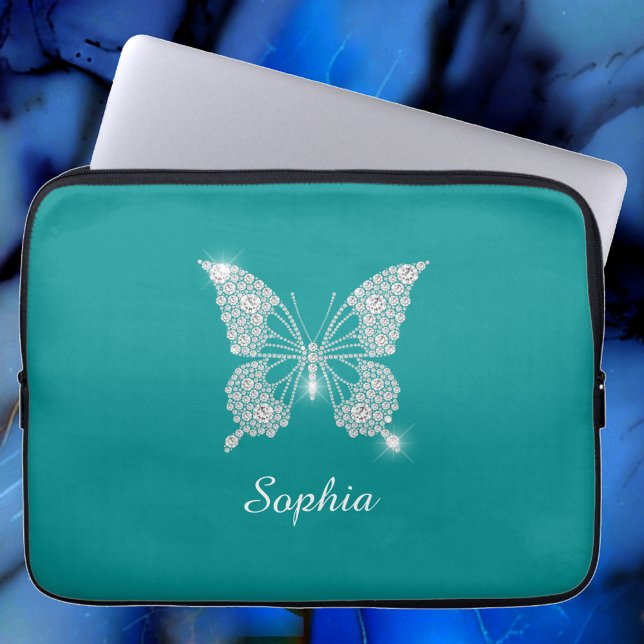 White Diamond Butterfly, Script Name, Deep Teal Laptop Sleeve (Creator Uploaded)