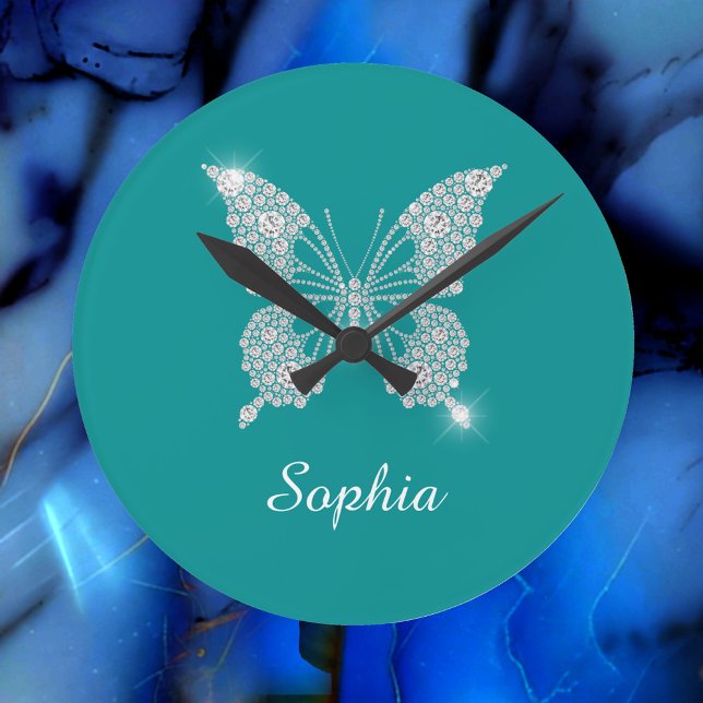 White Diamond Butterfly, Script Name, Deep Teal Round Clock (Creator Uploaded)