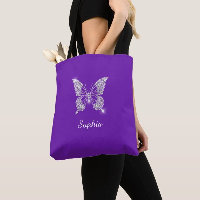 White Diamond Butterfly, Script Name, Purple Tote Bag (Close Up)