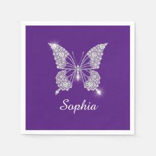 White Diamond Butterfly, Script Name, Royal Purple Napkin