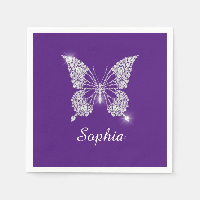 White Diamond Butterfly, Script Name, Royal Purple Napkin (Front)