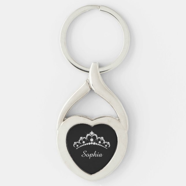 White Diamond Crown, DIY Script Name, Black Keychain (Front)