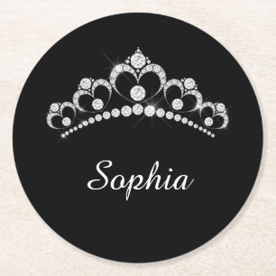 White Diamond Crown, DIY Script Name, Black Round Paper Coaster