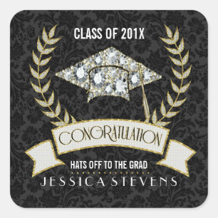 White diamond graduation hat square sticker