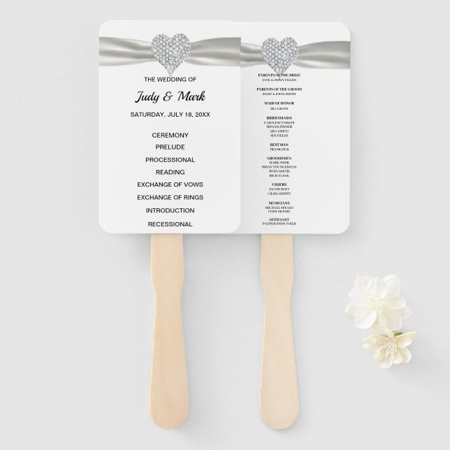 White Diamond Heart Wedding Program Hand Fan (Front and Back)