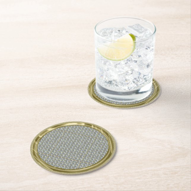 White Diamond Pattern and Gold Accent Round Paper Coaster (Insitu)