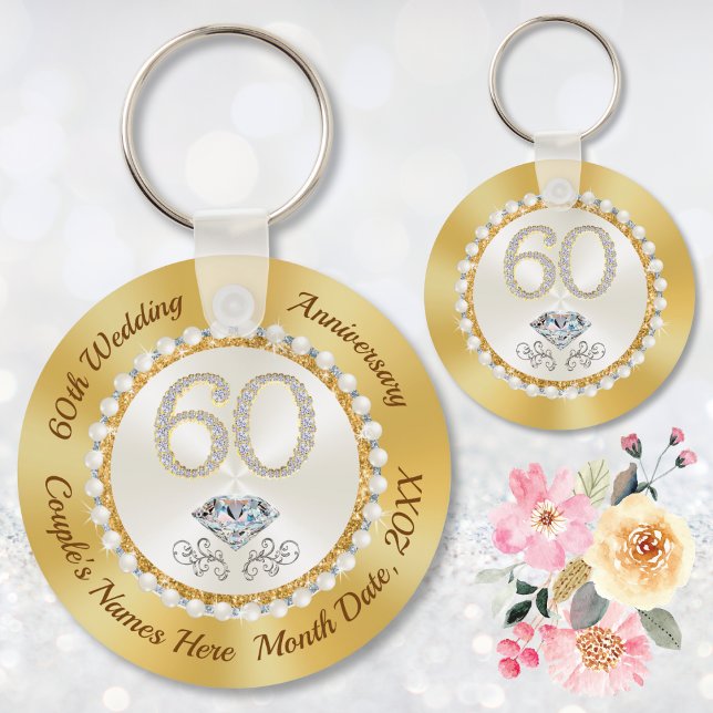 White Diamond Personalized 60th Anniversary Favour Keychain (Custom, 60th anniversary party favor ideas. 60th wedding anniversary decorations party supplies.)