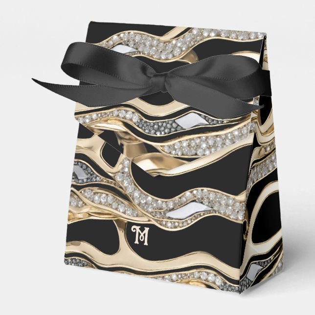 White diamonds and gold zebra stripes on black favor box (Front Side)