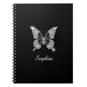 White Diamonds Butterfly, DIY Script Name, Black Notebook