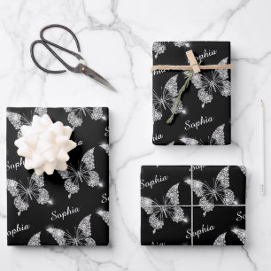 White Diamonds Butterfly, Sparkle, DIY Name, Black Wrapping Paper Sheet
