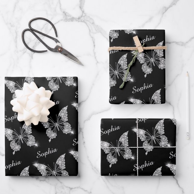 White Diamonds Butterfly, Sparkle, DIY Name, Black Wrapping Paper Sheet (Front)