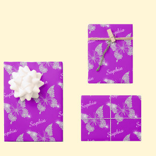 White Diamonds Butterfly Sparkle, DIY Name, Purple Wrapping Paper Sheet