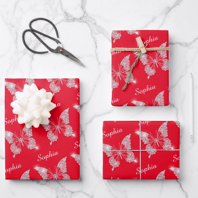 White Diamonds Butterfly Sparkle, DIY Name, Red Wrapping Paper Sheet (Front)