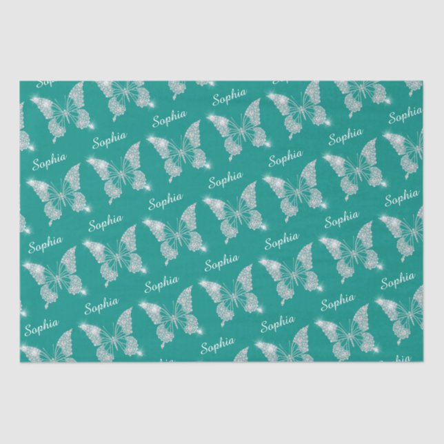 White Diamonds Butterfly Sparkle Script Name, Teal Tissue Paper (Front)
