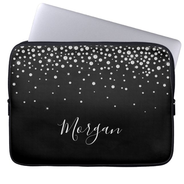 White Diamonds & DIY Name White Script, Black Laptop Sleeve (Front)