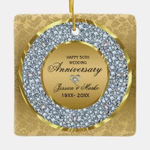 White Diamonds & Gold 50th Wedding Anniversary Ceramic Ornament