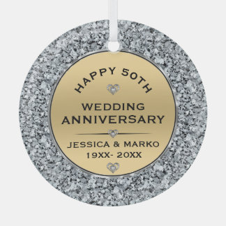 White diamonds & gold 50th Wedding Anniversary Glass Ornament