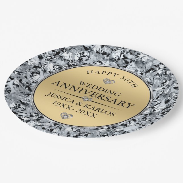 White diamonds & gold 50th wedding anniversary paper plate (Angled)