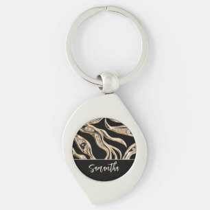White diamonds, gold border abstract shapes keychain