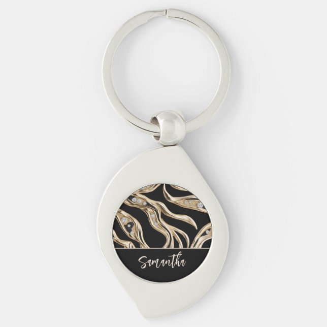 White diamonds, gold border abstract shapes keychain (Front)