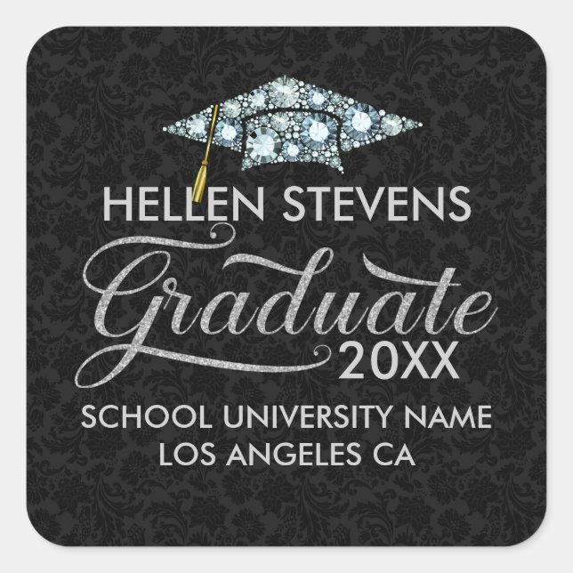 White Diamonds Grad Hat Graduate Typography Square Sticker (Front)