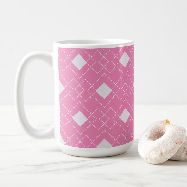 White Diamonds Pink Background  Coffee Mug (With Donut)