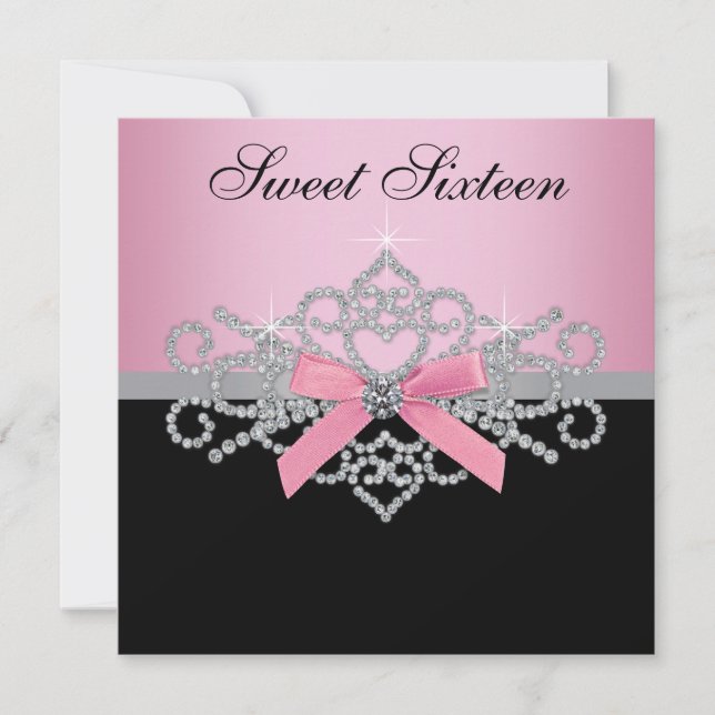 White Diamonds Pink Black Sweet 16 Birthday Party Invitation (Front)