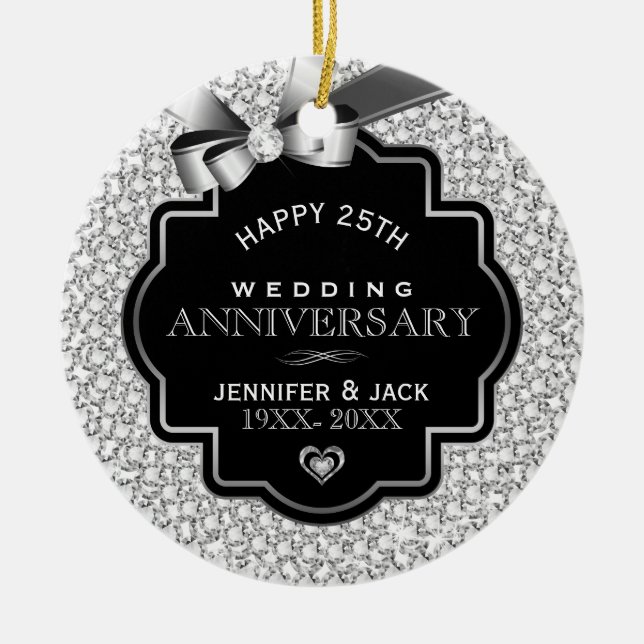 White Diamonds Silver And Black 25 Anniversary Ceramic Ornament (Front)