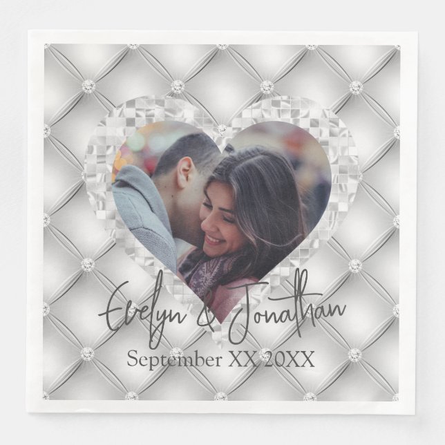 White Diamonds Silver Mosaic Heart Photo Napkin (Front)