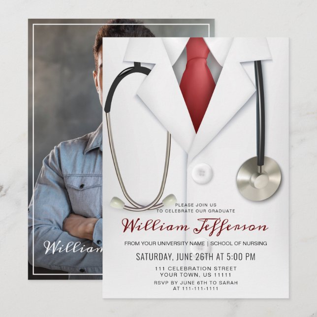White Doctor Coat Modern Nursing School Graduation Invitation (Front/Back)