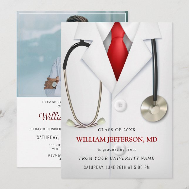White Doctor Coat Modern Nursing School Graduation Invitation (Front/Back)