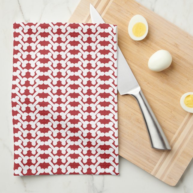 White Dog Bone Herringbone Pattern Brick Red Kitchen Towel (Quarter Fold)