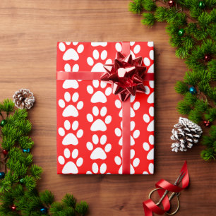 White Dog/Cat/Animal Paw Prints on Red Wrapping Paper