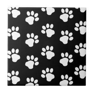 White Dog Cat Paw Prints on Black Tile