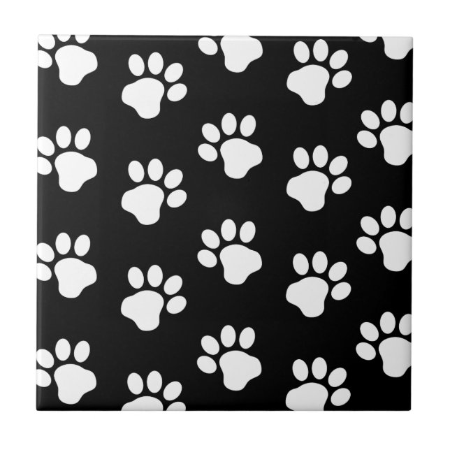 White Dog Cat Paw Prints on Black Tile (Front)