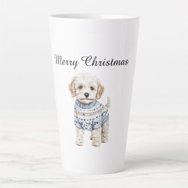 White Dog in Blue Sweater Christmas Latte Mug (Front)