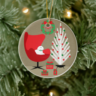 White Dog in Mid Century Christmas Room Ceramic Ornament