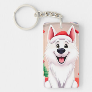 White Dog in Santa Hat Keychain